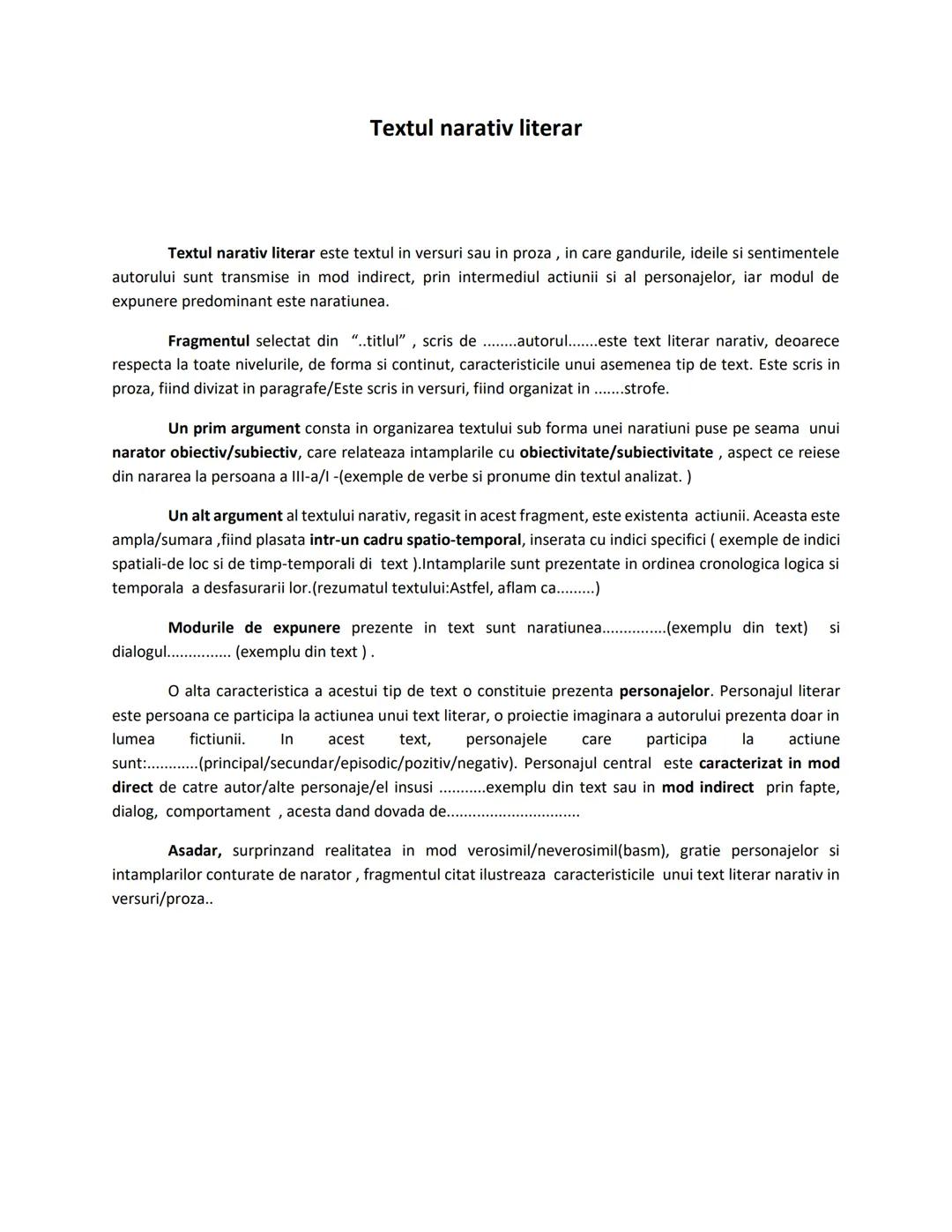 # Textul narativ literar
Textul narativ literar este textul in versuri sau in proza, in care gandurile, ideile si sentimentele
autorului su