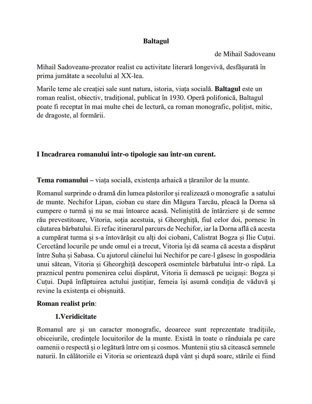 # Baltagul
de Mihail Sadoveanu
Mihail Sadoveanu-prozator realist cu activitate literară longevivă, desfășurată în
prima jumătate a secolul