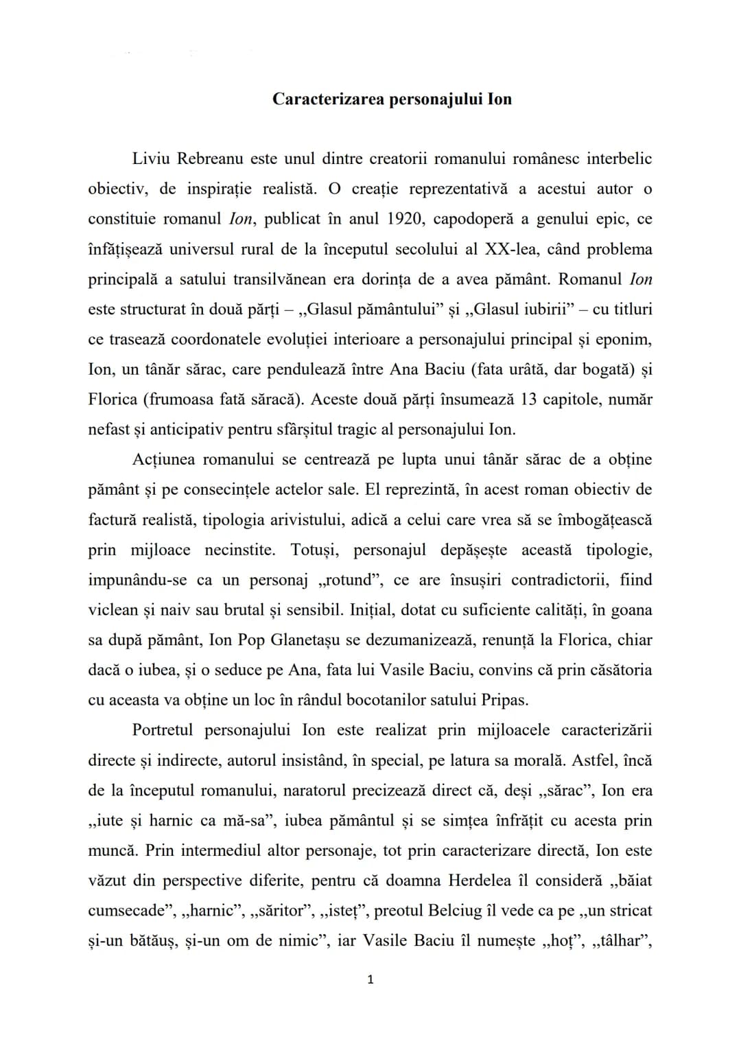 # Caracterizarea personajului Ion
Liviu Rebreanu este unul dintre creatorii romanului românesc interbelic
obiectiv, de inspirație realistă.