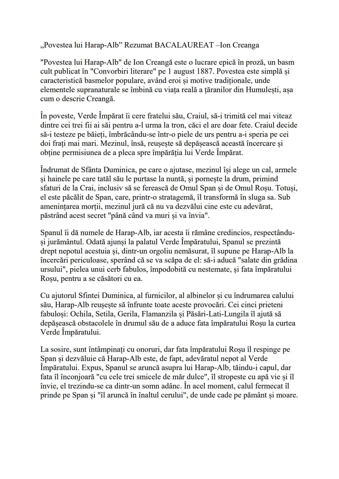 # „Povestea lui Harap-Alb" Rezumat BACALAUREAT-Ion Creanga
"Povestea lui Harap-Alb" de Ion Creangă este o lucrare epică în proză, un basm
c
