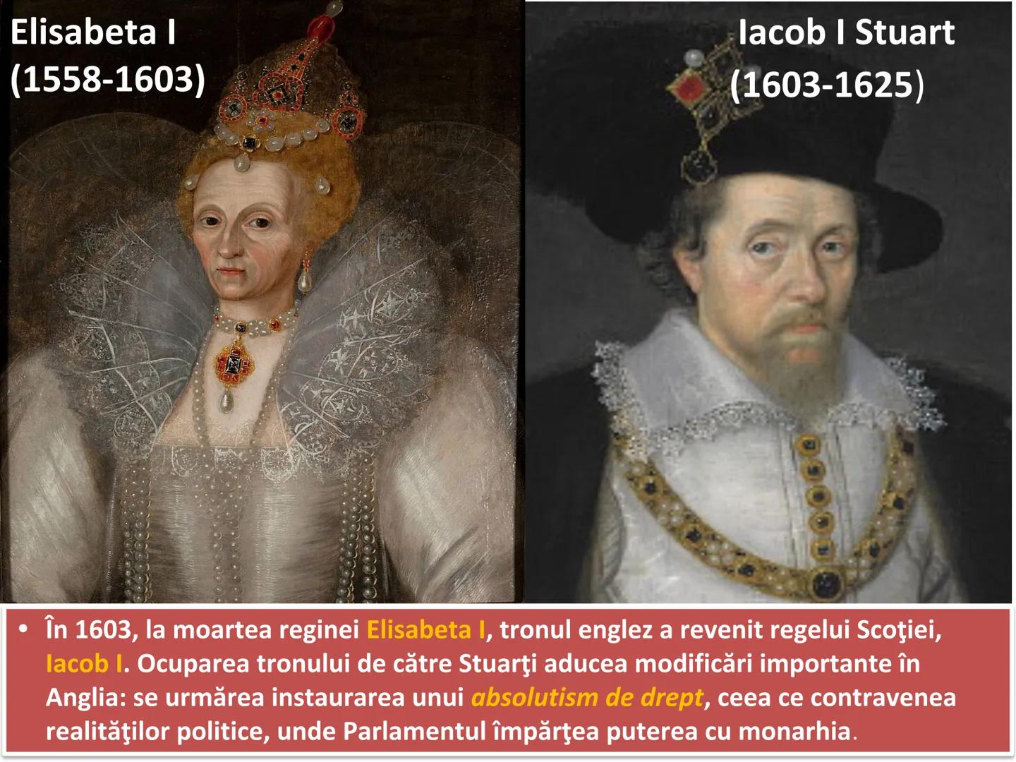 # Revoluția glorioasă
ROTE
LIBER # Elisabeta I
(1558-1603)
# lacob I Stuart
(1603-1625)
• În 1603, la moartea reginei Elisabeta I, tronul