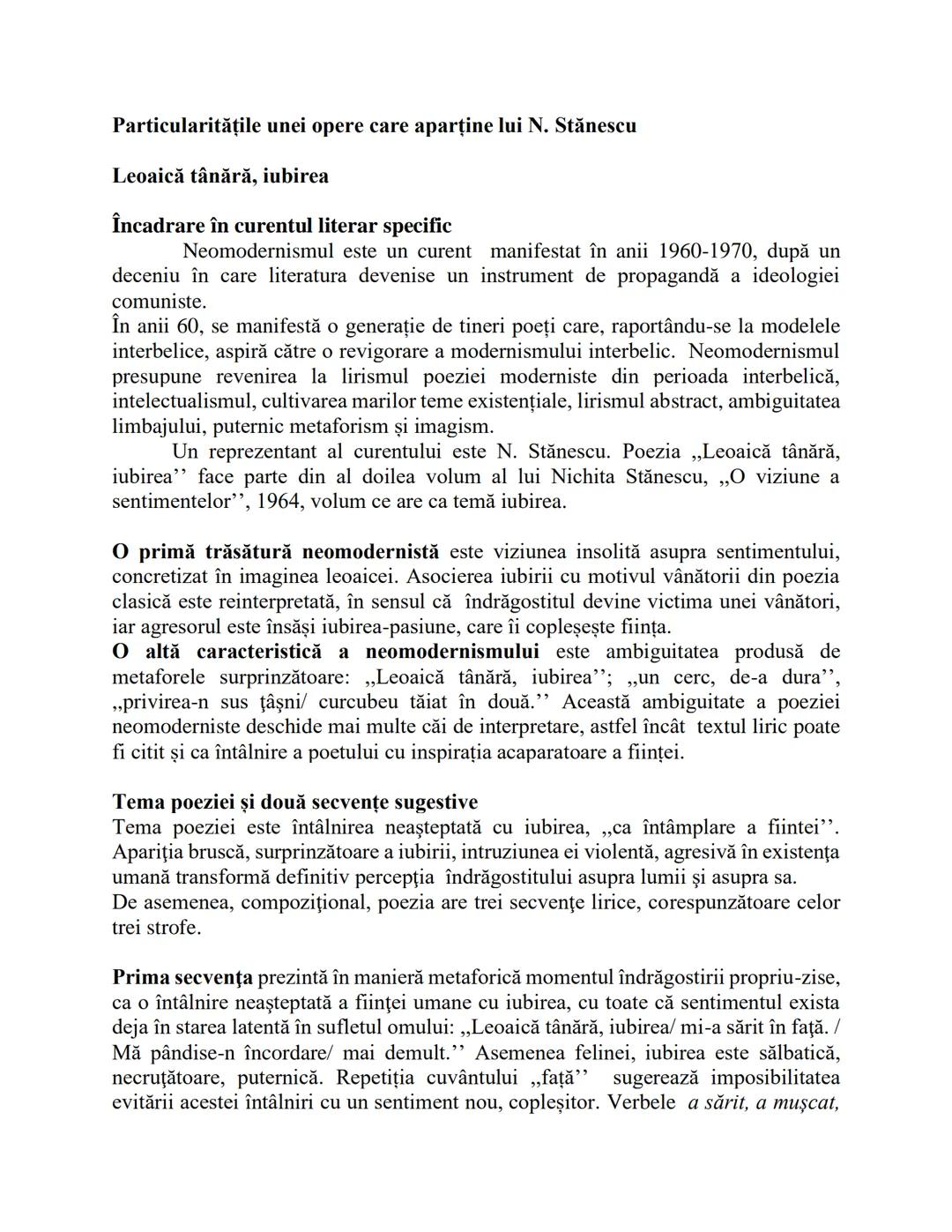 Particularitățile unei opere care aparține lui N. Stănescu
Leoaică tânără, iubirea
Încadrare în curentul literar specific
Neomodernismul