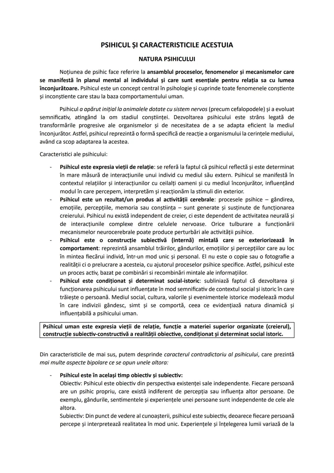 # PSIHICUL ȘI CARACTERISTICILE ACESTUIA
NATURA PSIHICULUI
Noţiunea de psihic face referire la ansamblul proceselor, fenomenelor și mecanis