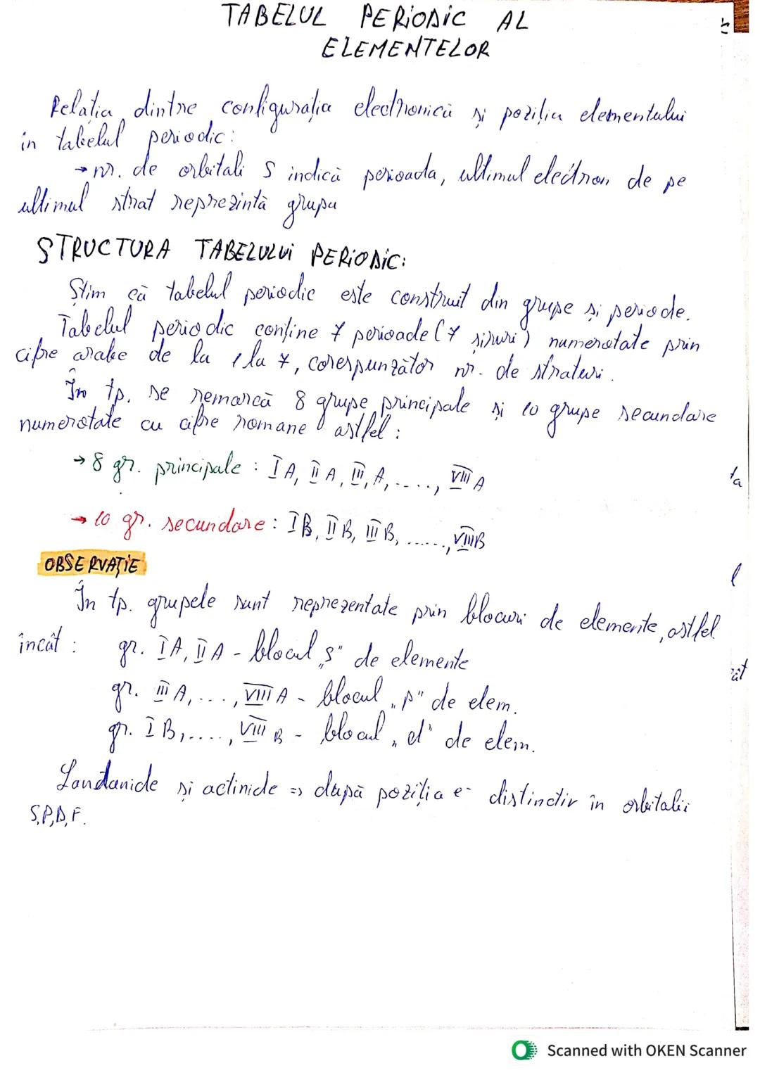 --- OCR Start ---
TABELUL PERIODIC AL
ELEMENTELOR
Relatia dintre configurația electronică și poziția elementului
in tabelul periodic
→n. de