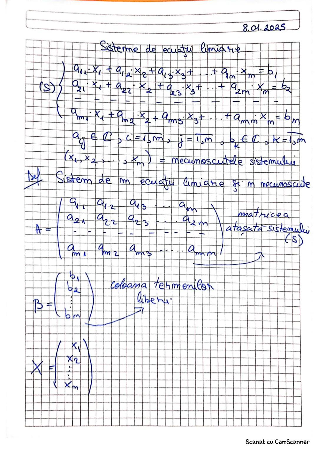 8.01.2025
Sisterme de ecuaţiei limiare
$a_{11} \cdot x_1 + a_{12}x_2 + a_{13}x_3+...+a_{1m}x_m = b_1$
(S) $\begin{cases} a_{21} \cdot x_1