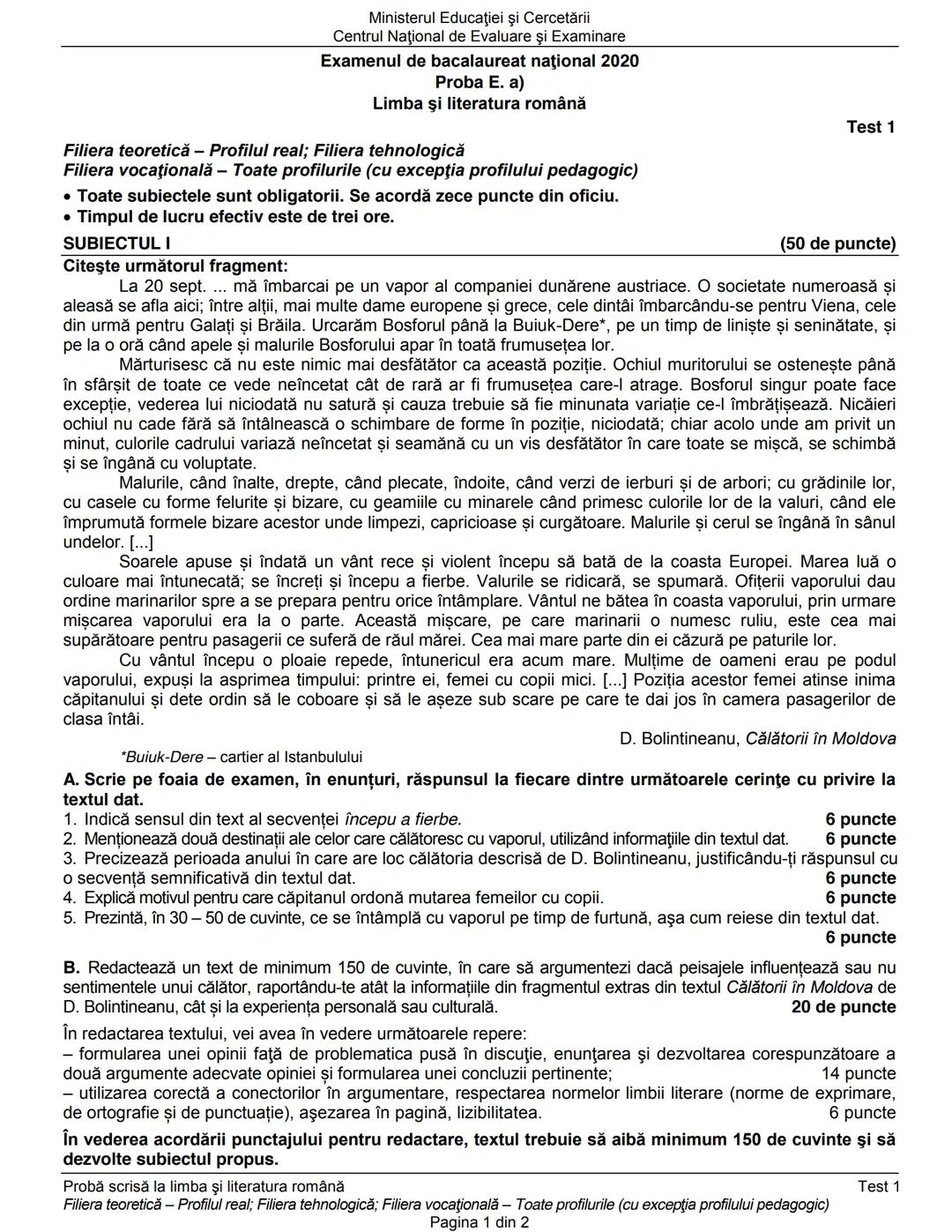 Ministerul Educaţiei şi Cercetării
Centrul Naţional de Evaluare şi Examinare
Examenul de bacalaureat naţional 2020
Proba E. a)
Limba şi lit
