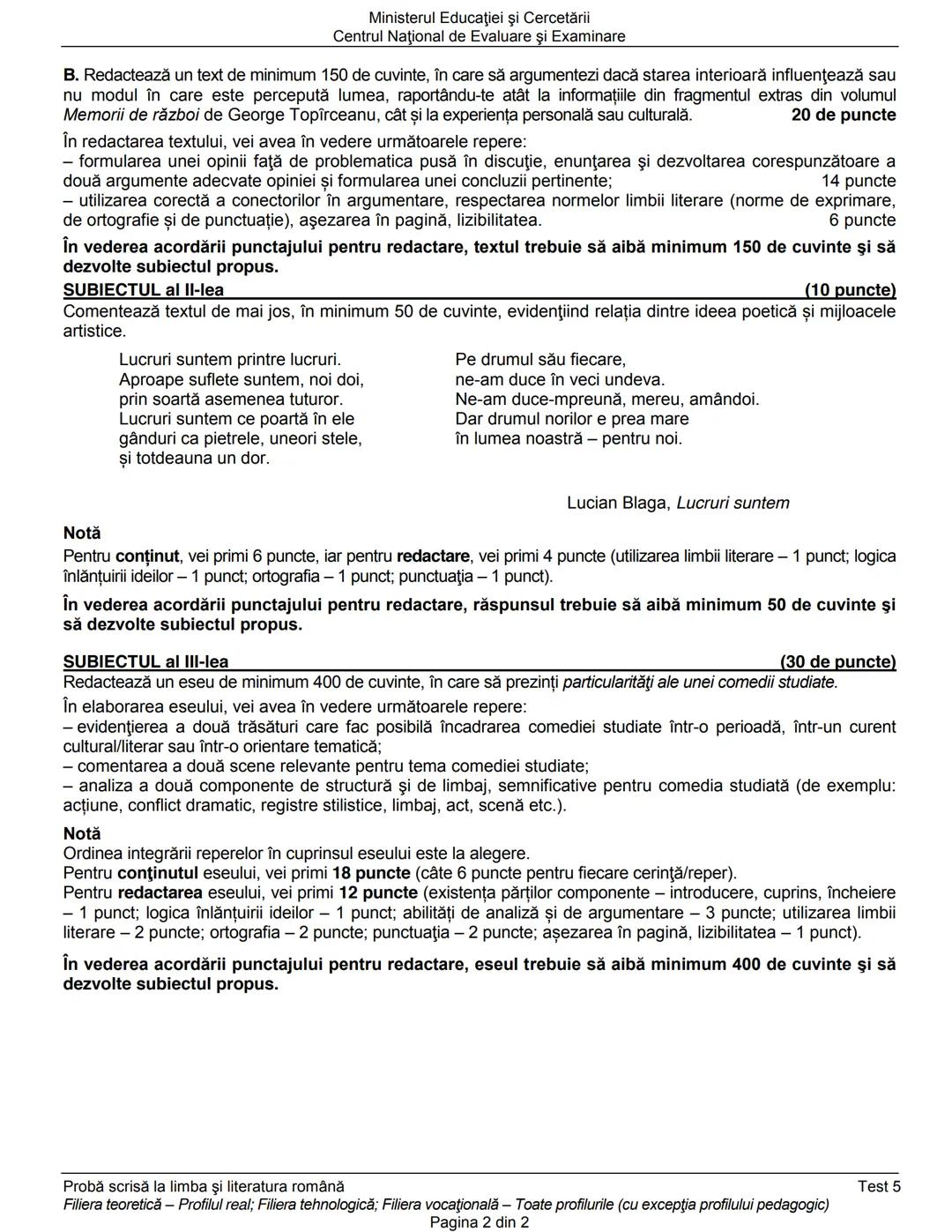 Ministerul Educaţiei şi Cercetării
Centrul Naţional de Evaluare şi Examinare
Examenul de bacalaureat naţional 2020
Proba E. a)
Limba şi lit
