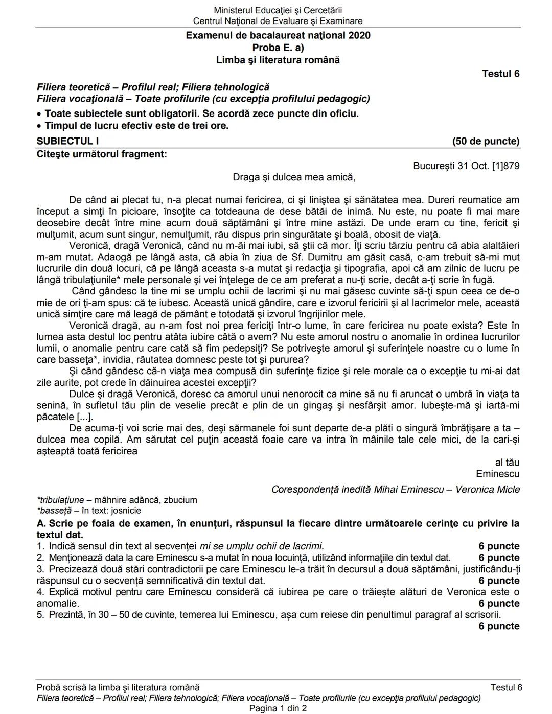 Ministerul Educaţiei şi Cercetării
Centrul Naţional de Evaluare şi Examinare
Examenul de bacalaureat naţional 2020
Proba E. a)
Limba şi lit