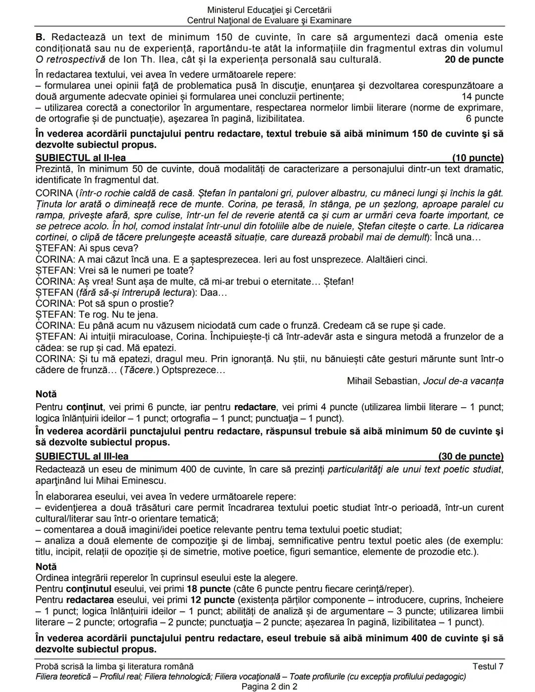 Ministerul Educaţiei şi Cercetării
Centrul Naţional de Evaluare şi Examinare
Examenul de bacalaureat naţional 2020
Proba E. a)
Limba şi lit
