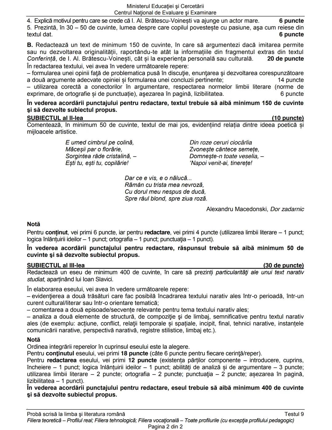Ministerul Educaţiei şi Cercetării
Centrul Naţional de Evaluare şi Examinare
Examenul de bacalaureat naţional 2020
Proba E. a)
Limba şi lit