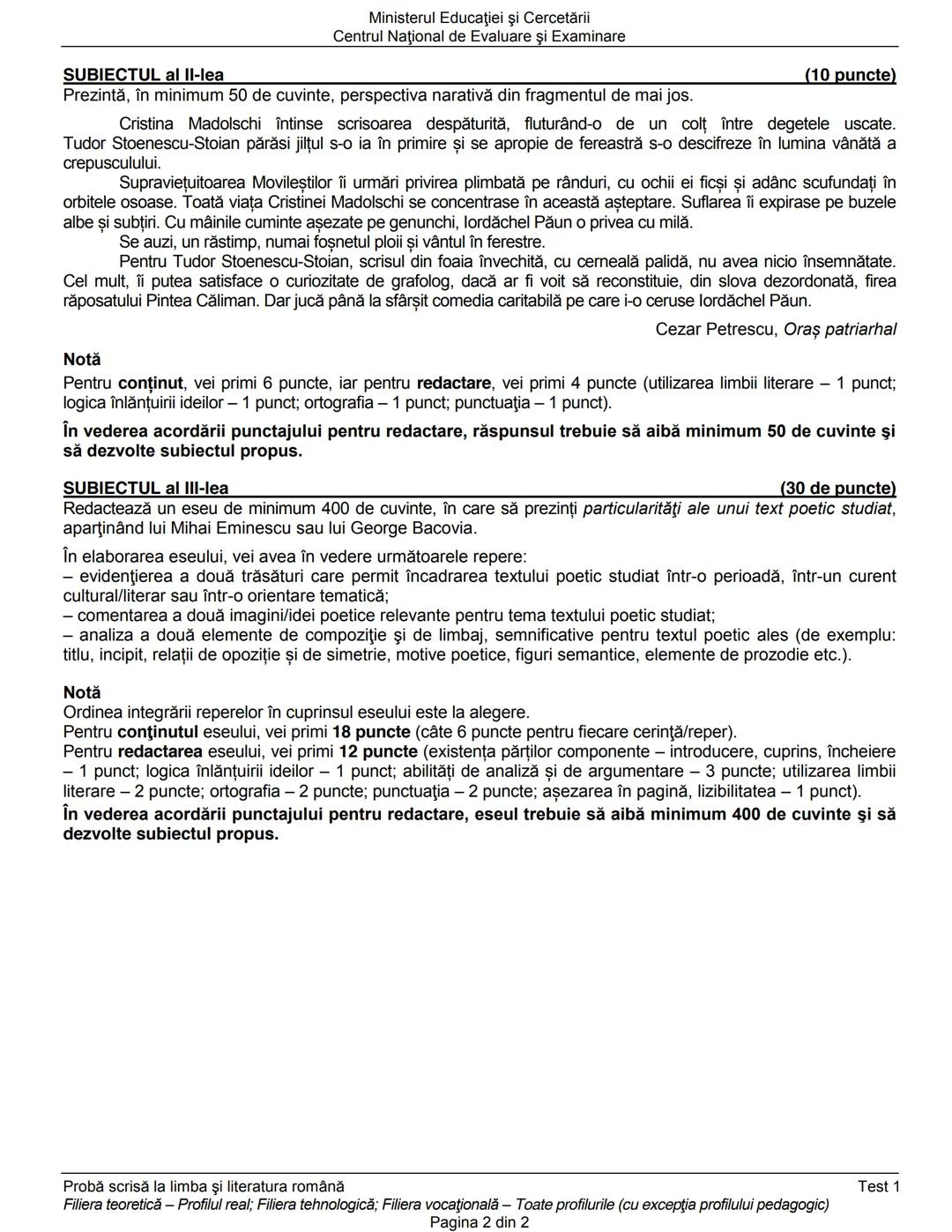 Ministerul Educaţiei şi Cercetării
Centrul Naţional de Evaluare şi Examinare
Examenul de bacalaureat naţional 2020
Proba E. a)
Limba şi lit