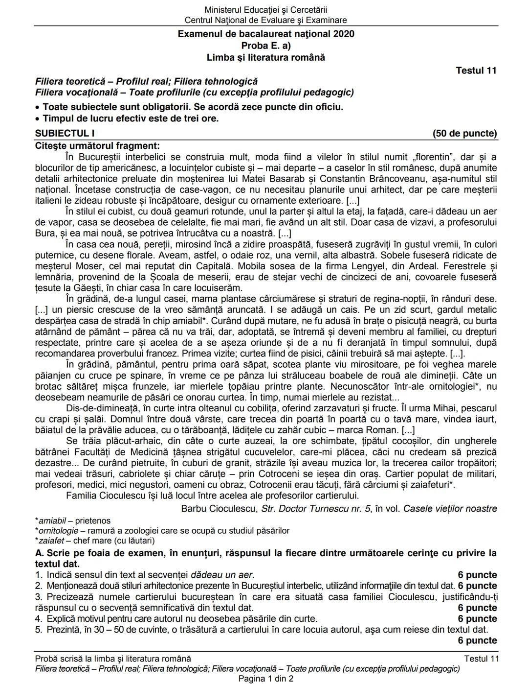 Ministerul Educaţiei şi Cercetării
Centrul Naţional de Evaluare şi Examinare
Examenul de bacalaureat naţional 2020
Proba E. a)
Limba şi lit