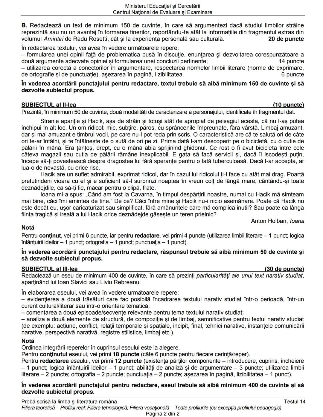 Ministerul Educaţiei şi Cercetării
Centrul Naţional de Evaluare şi Examinare
Examenul de bacalaureat naţional 2020
Proba E. a)
Limba şi lit