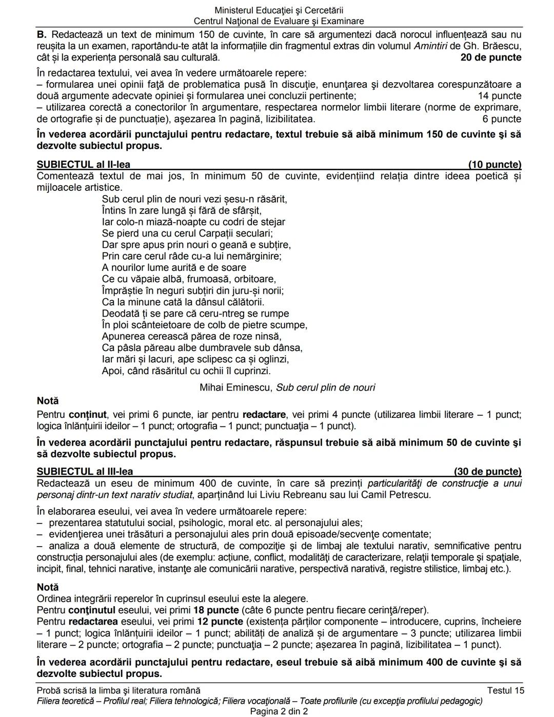 Ministerul Educaţiei şi Cercetării
Centrul Naţional de Evaluare şi Examinare
Examenul de bacalaureat naţional 2020
Proba E. a)
Limba şi lit