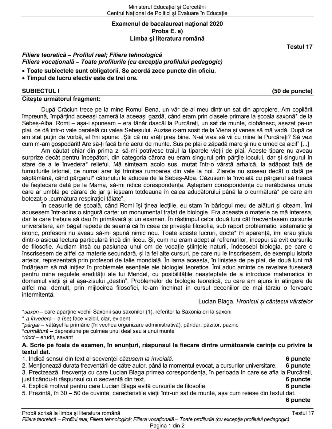 Ministerul Educaţiei şi Cercetării
Centrul Naţional de Evaluare şi Examinare
Examenul de bacalaureat naţional 2020
Proba E. a)
Limba şi lit