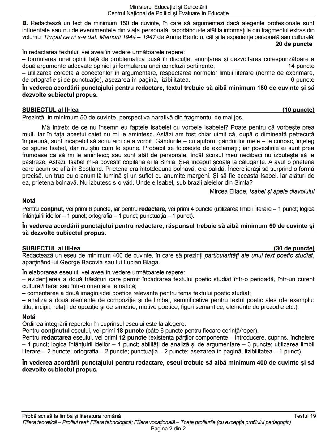 Ministerul Educaţiei şi Cercetării
Centrul Naţional de Evaluare şi Examinare
Examenul de bacalaureat naţional 2020
Proba E. a)
Limba şi lit