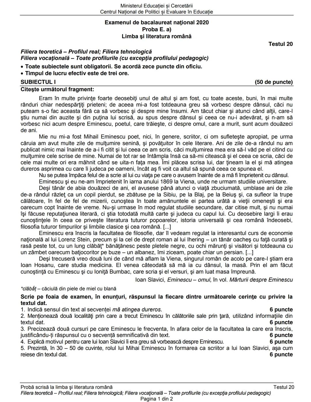 Ministerul Educaţiei şi Cercetării
Centrul Naţional de Evaluare şi Examinare
Examenul de bacalaureat naţional 2020
Proba E. a)
Limba şi lit