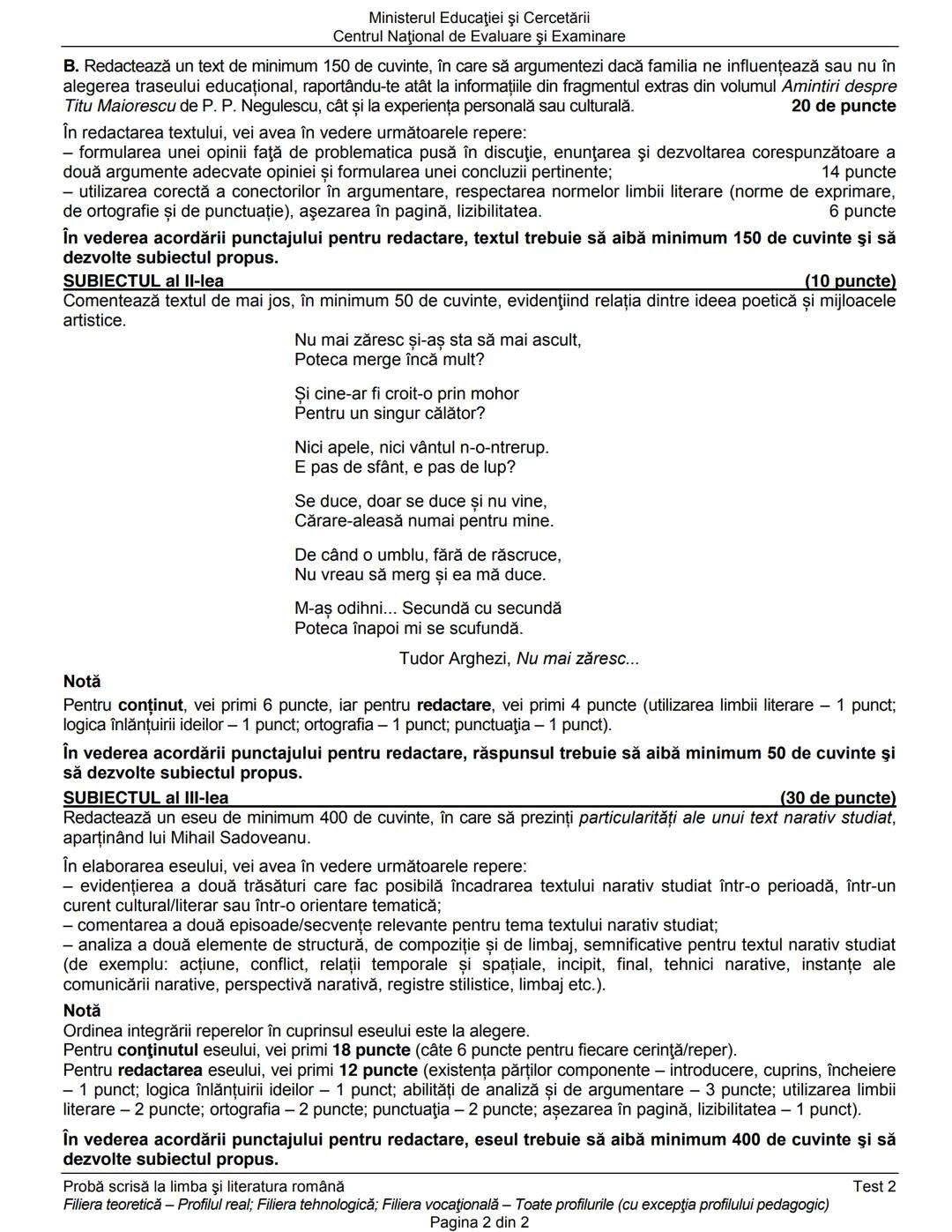 Ministerul Educaţiei şi Cercetării
Centrul Naţional de Evaluare şi Examinare
Examenul de bacalaureat naţional 2020
Proba E. a)
Limba şi lit