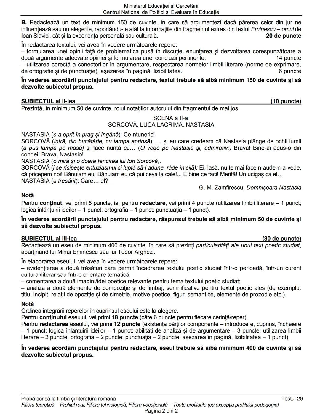 Ministerul Educaţiei şi Cercetării
Centrul Naţional de Evaluare şi Examinare
Examenul de bacalaureat naţional 2020
Proba E. a)
Limba şi lit