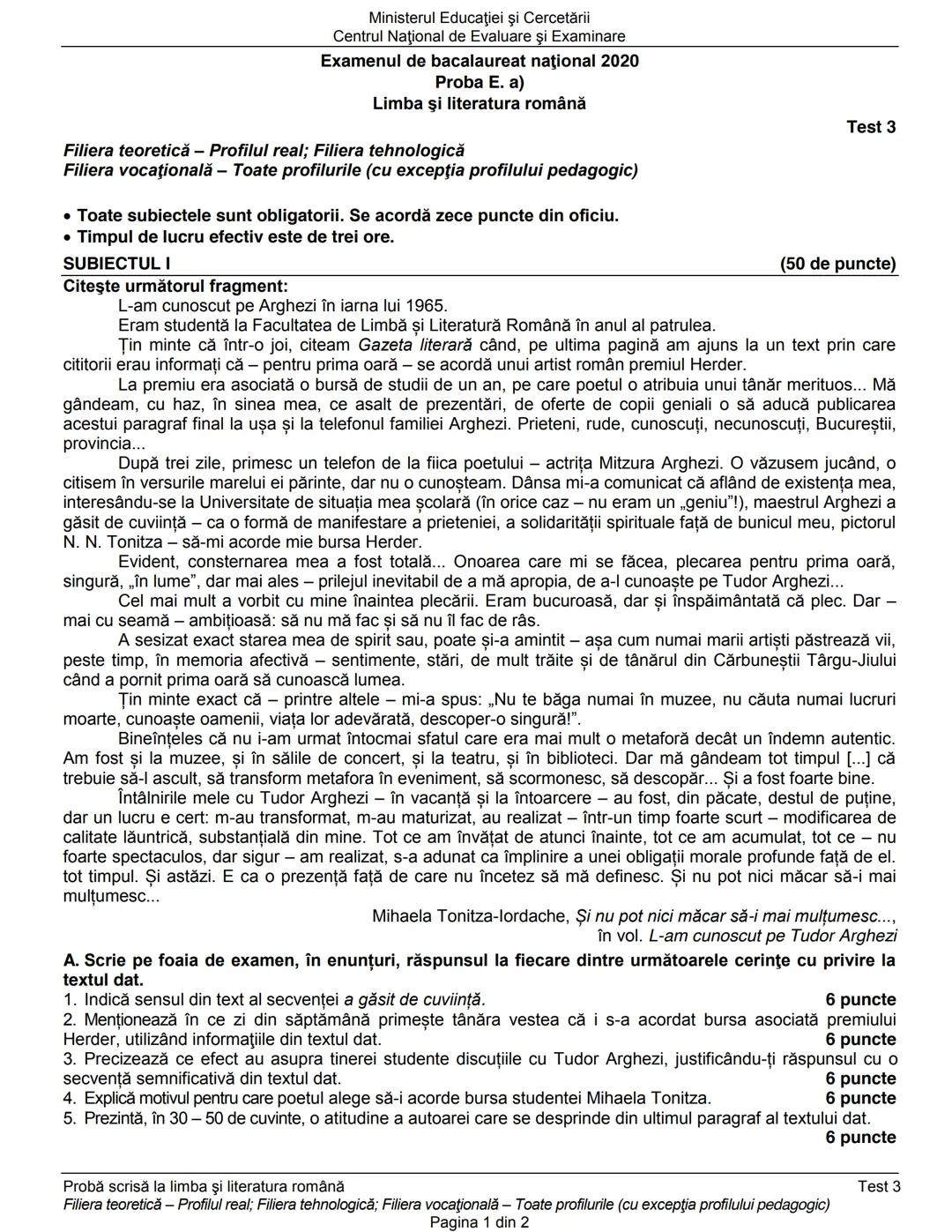 Ministerul Educaţiei şi Cercetării
Centrul Naţional de Evaluare şi Examinare
Examenul de bacalaureat naţional 2020
Proba E. a)
Limba şi lit