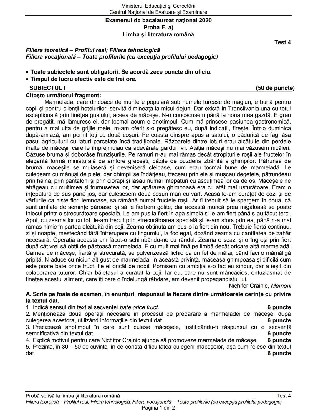 Ministerul Educaţiei şi Cercetării
Centrul Naţional de Evaluare şi Examinare
Examenul de bacalaureat naţional 2020
Proba E. a)
Limba şi lit