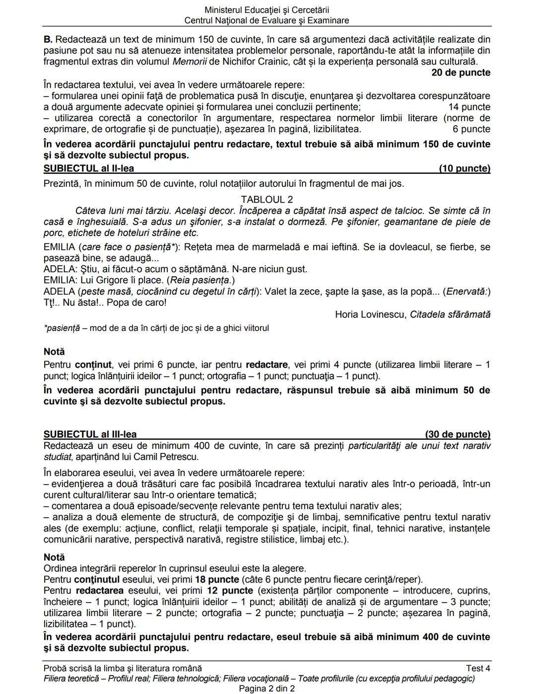 Ministerul Educaţiei şi Cercetării
Centrul Naţional de Evaluare şi Examinare
Examenul de bacalaureat naţional 2020
Proba E. a)
Limba şi lit