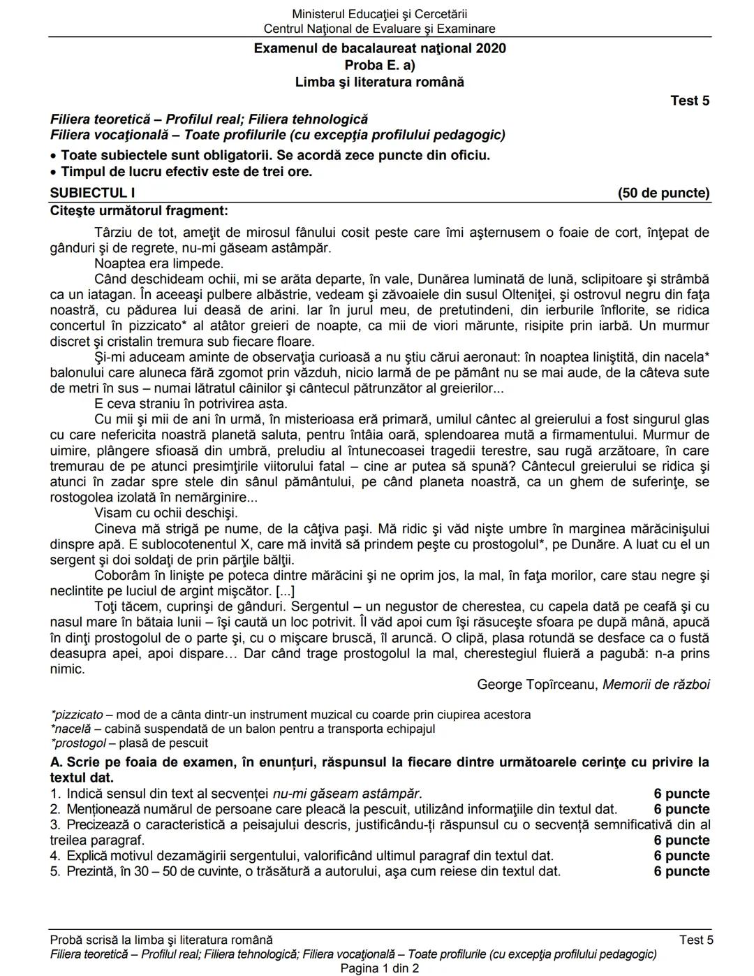 Ministerul Educaţiei şi Cercetării
Centrul Naţional de Evaluare şi Examinare
Examenul de bacalaureat naţional 2020
Proba E. a)
Limba şi lit