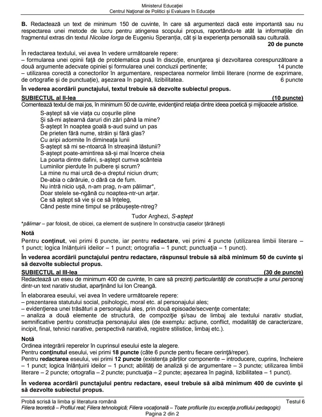 Ministerul Educaţiei
Centrul Naţional de Politici și Evaluare în Educaţie
Examenul național de bacalaureat 2021
Proba E. a)
Limba şi literat