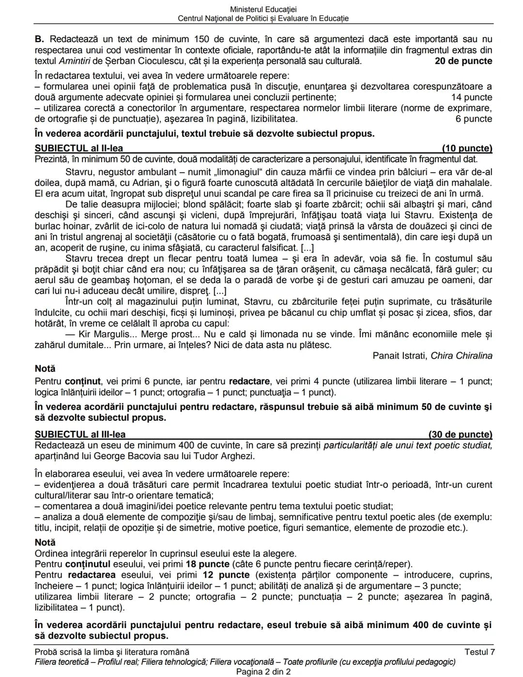 Ministerul Educaţiei
Centrul Naţional de Politici și Evaluare în Educaţie
Examenul național de bacalaureat 2021
Proba E. a)
Limba şi literat