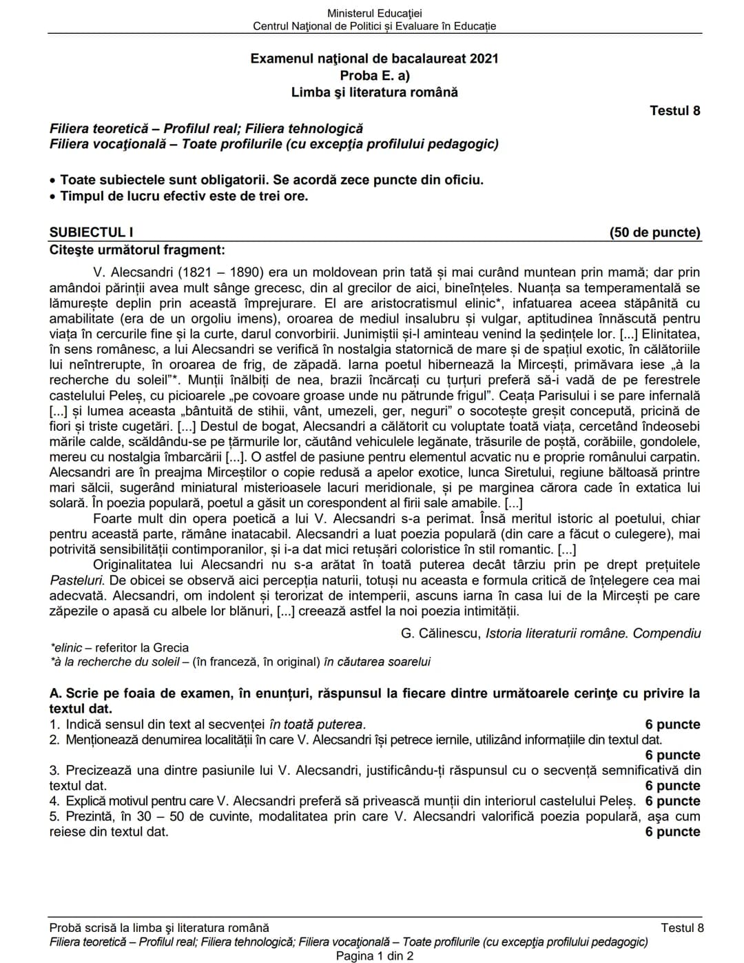 Ministerul Educaţiei
Centrul Naţional de Politici și Evaluare în Educaţie
Examenul național de bacalaureat 2021
Proba E. a)
Limba şi literat