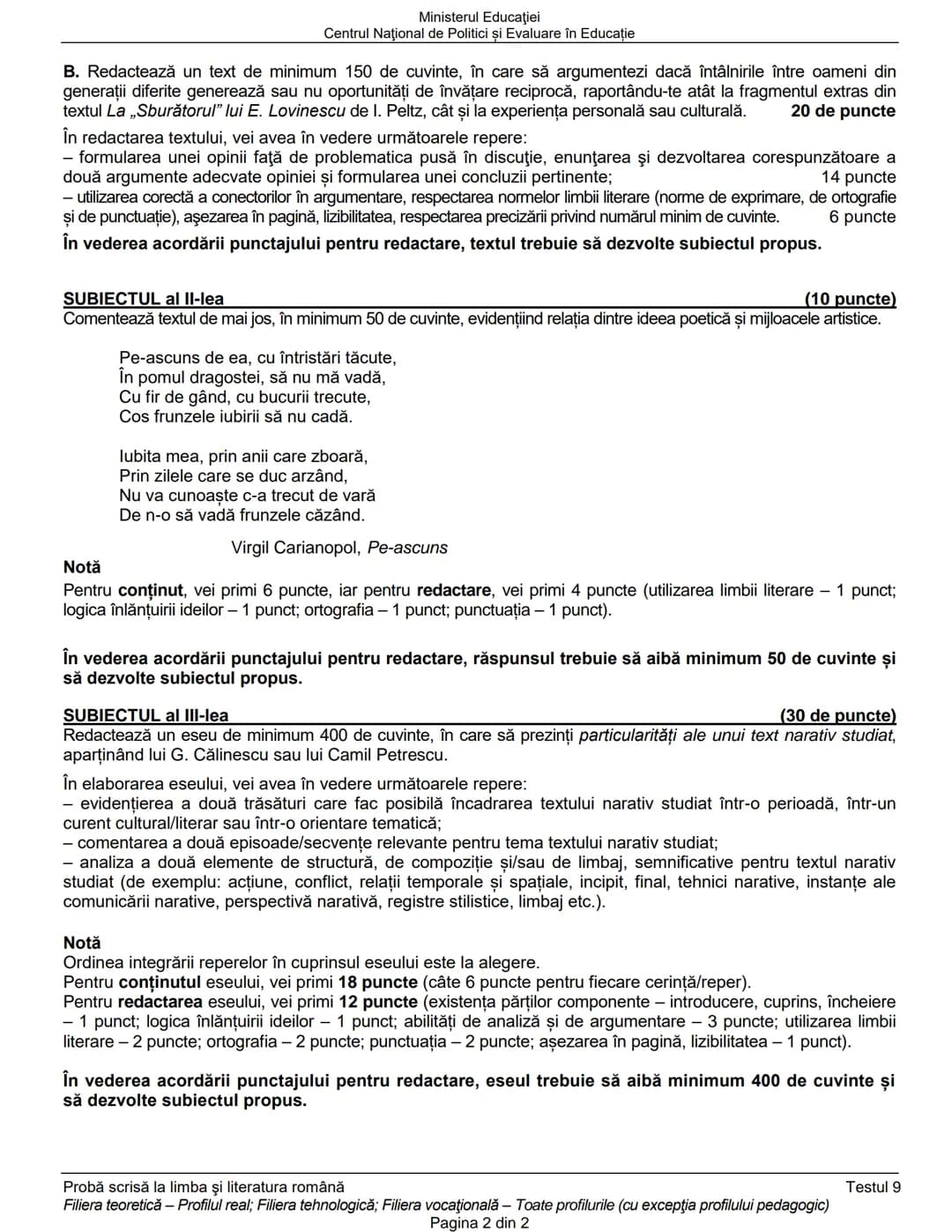 Ministerul Educaţiei
Centrul Naţional de Politici și Evaluare în Educaţie
Examenul național de bacalaureat 2021
Proba E. a)
Limba şi literat