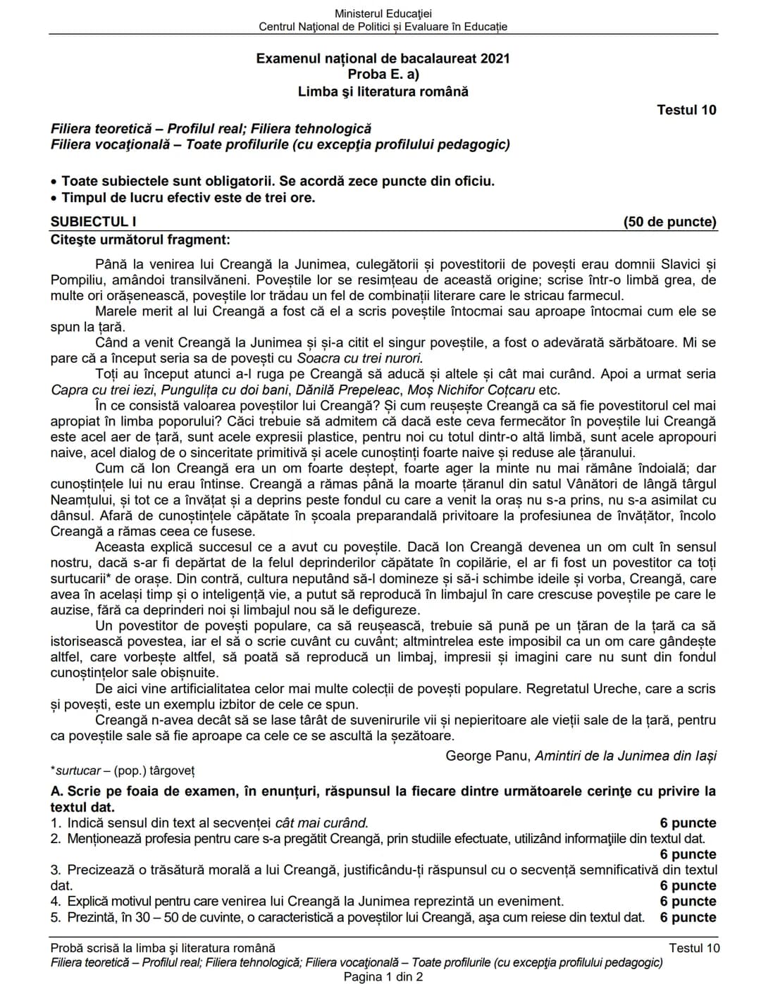 Ministerul Educaţiei
Centrul Naţional de Politici și Evaluare în Educaţie
Examenul național de bacalaureat 2021
Proba E. a)
Limba şi literat