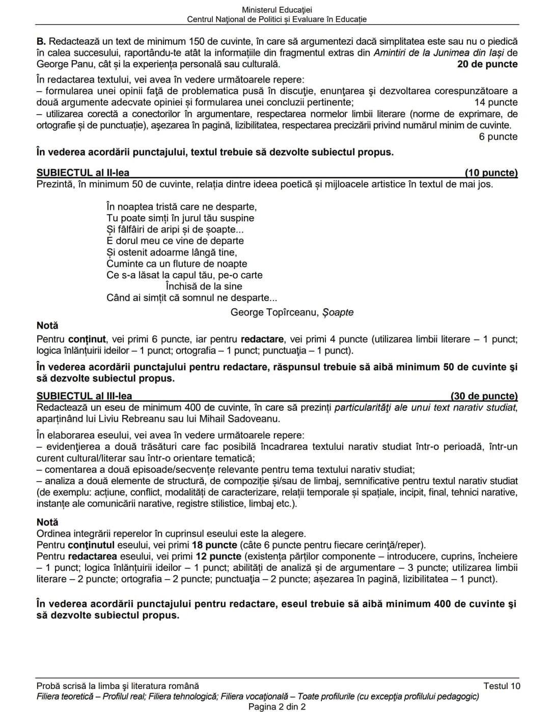 Ministerul Educaţiei
Centrul Naţional de Politici și Evaluare în Educaţie
Examenul național de bacalaureat 2021
Proba E. a)
Limba şi literat