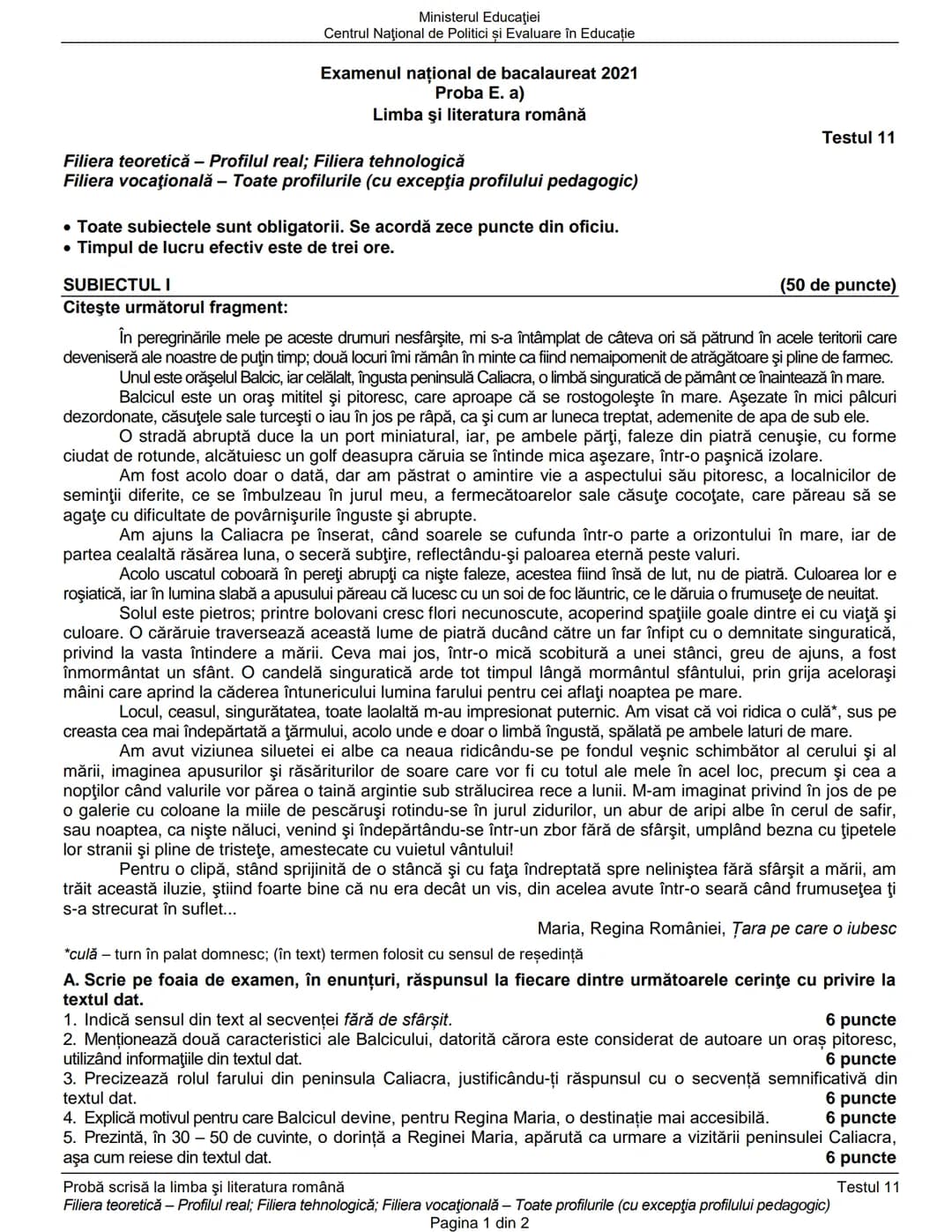 Ministerul Educaţiei
Centrul Naţional de Politici și Evaluare în Educaţie
Examenul național de bacalaureat 2021
Proba E. a)
Limba şi literat