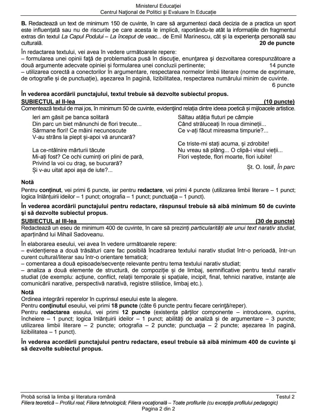 Ministerul Educaţiei
Centrul Naţional de Politici și Evaluare în Educaţie
Examenul național de bacalaureat 2021
Proba E. a)
Limba şi literat