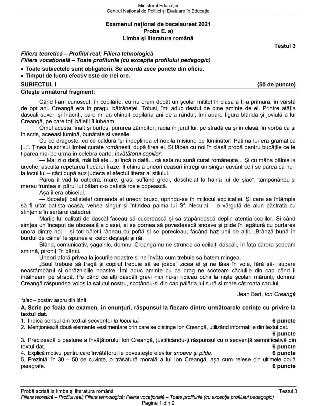Ministerul Educaţiei
Centrul Naţional de Politici și Evaluare în Educaţie
Examenul național de bacalaureat 2021
Proba E. a)
Limba şi literat