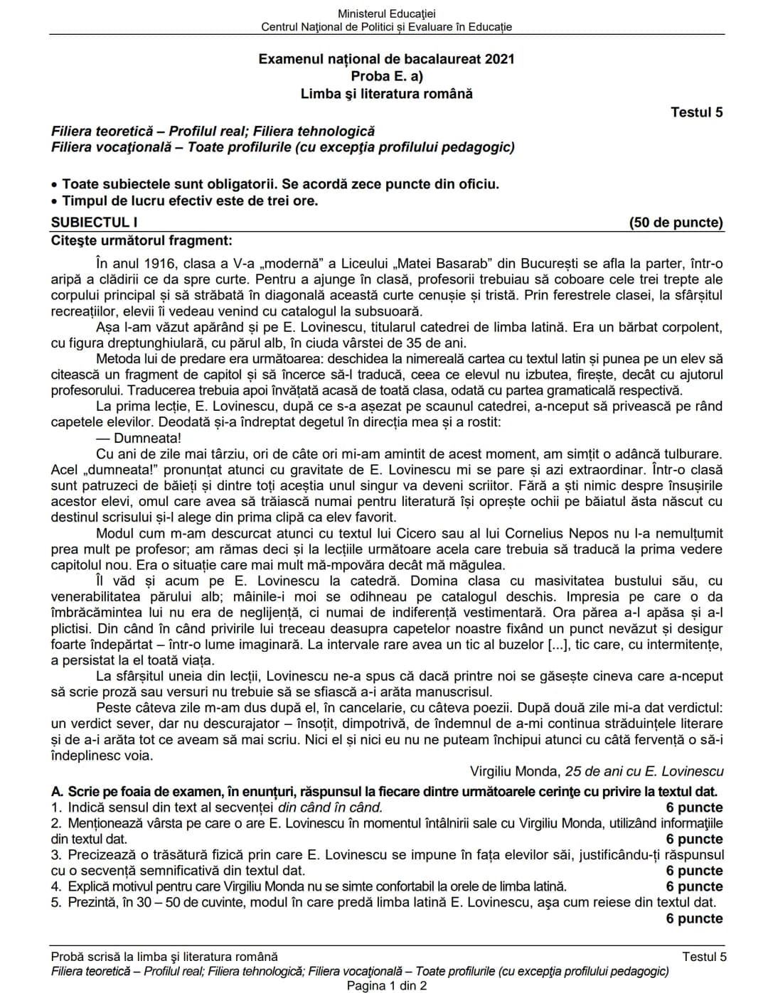 Ministerul Educaţiei
Centrul Naţional de Politici și Evaluare în Educaţie
Examenul național de bacalaureat 2021
Proba E. a)
Limba şi literat