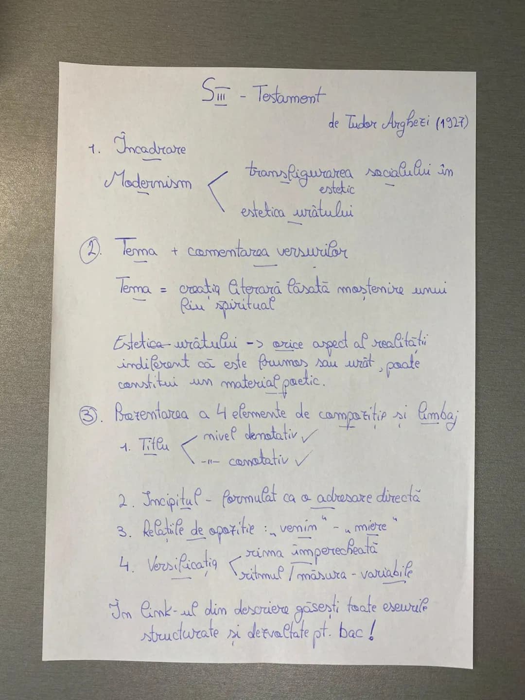 S - Testament
de Tudor Arghezi (1927)
1. Incadrare
Modernism < transfigurarea socialului în
estetic
estetica urâtului
2. Tema + coment
