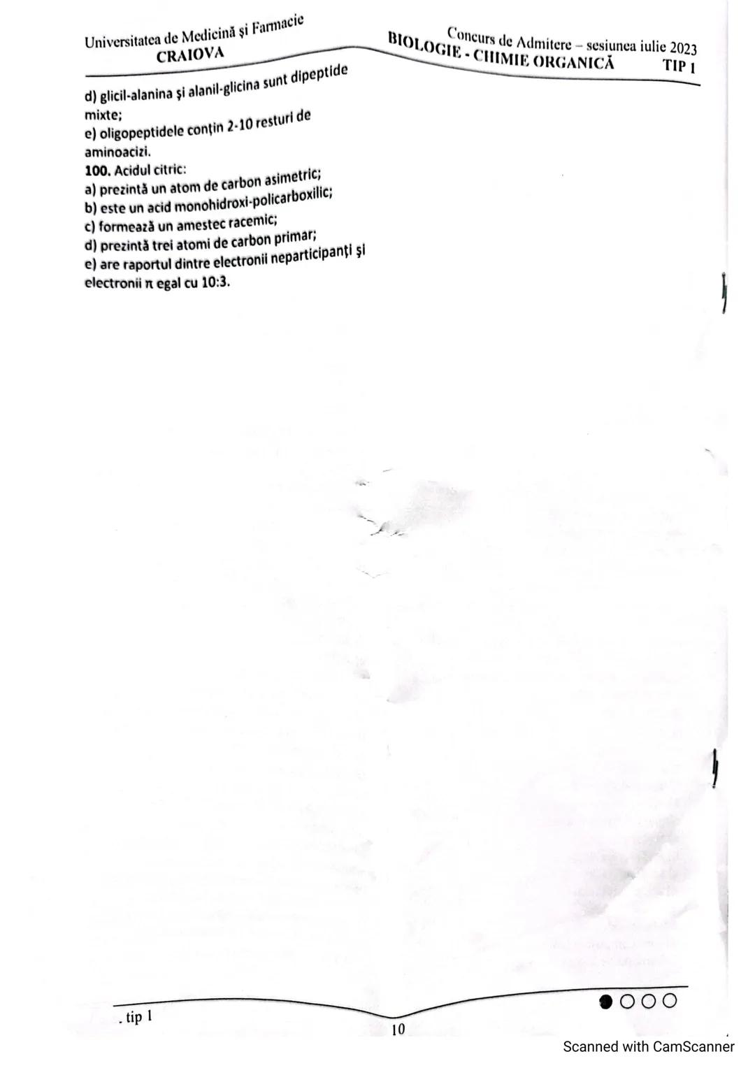 # Universitatea de Medicină şi Farmacie
# CRAIOVA
# Concurs de Admitere – sesiunea iulie 2023
# BIOLOGIE - CHIMIE ORGANICĂ TIP 1
## Subiecte