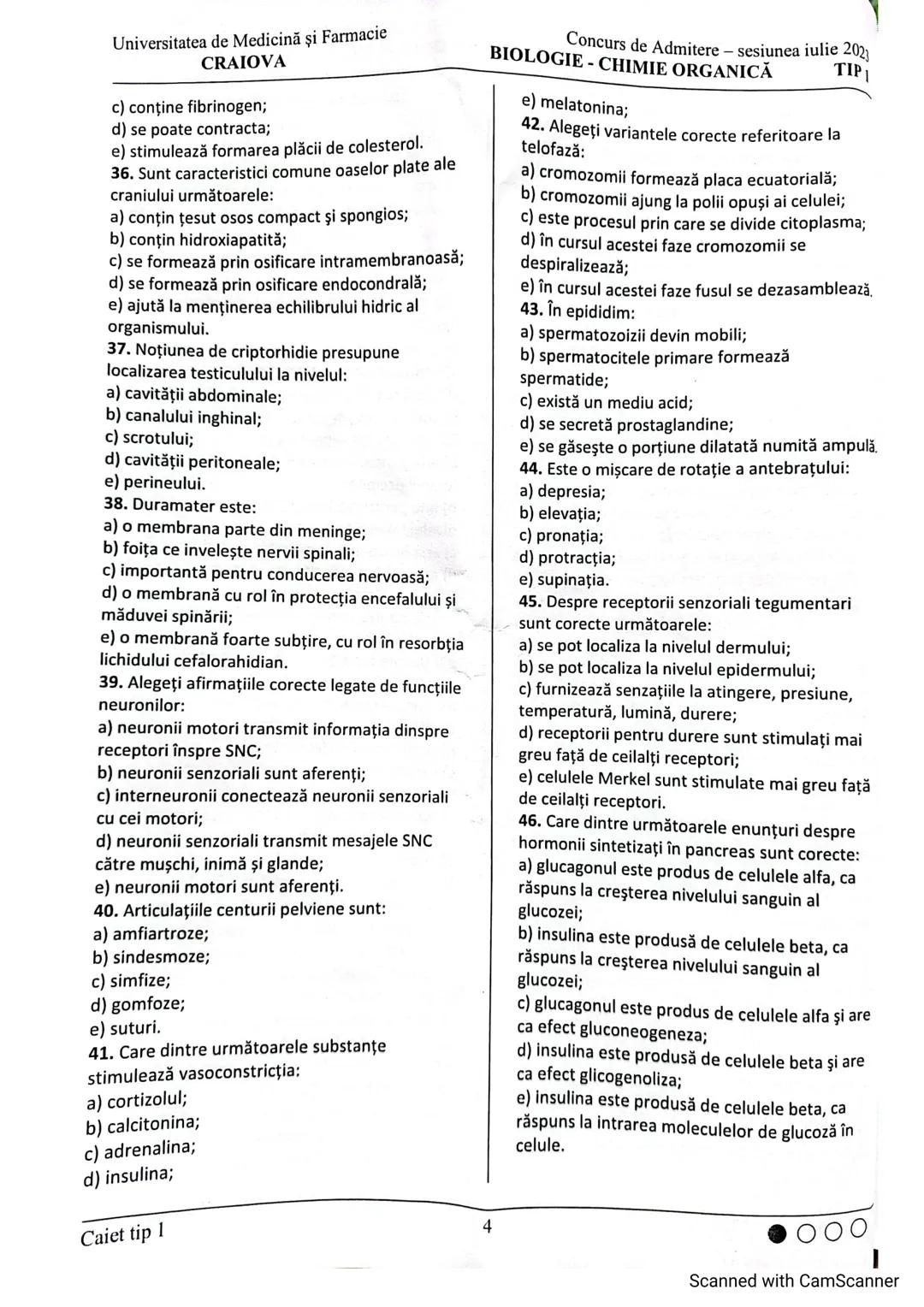 # Universitatea de Medicină şi Farmacie
# CRAIOVA
# Concurs de Admitere – sesiunea iulie 2023
# BIOLOGIE - CHIMIE ORGANICĂ TIP 1
## Subiecte