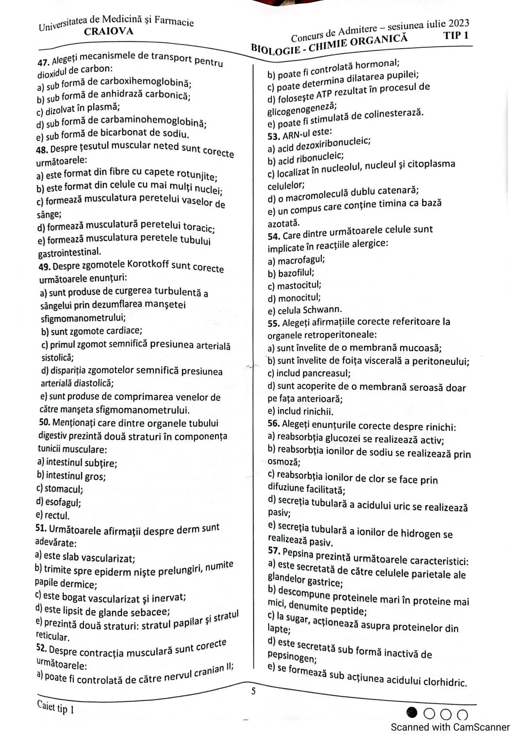 # Universitatea de Medicină şi Farmacie
# CRAIOVA
# Concurs de Admitere – sesiunea iulie 2023
# BIOLOGIE - CHIMIE ORGANICĂ TIP 1
## Subiecte