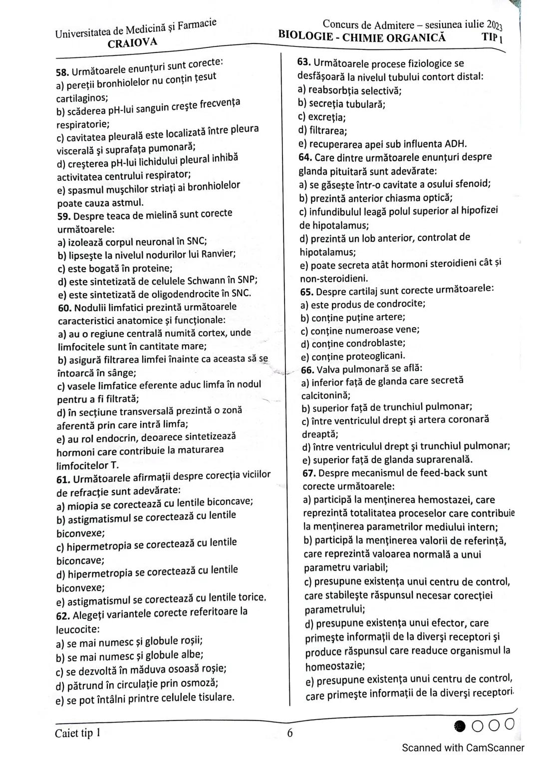 # Universitatea de Medicină şi Farmacie
# CRAIOVA
# Concurs de Admitere – sesiunea iulie 2023
# BIOLOGIE - CHIMIE ORGANICĂ TIP 1
## Subiecte