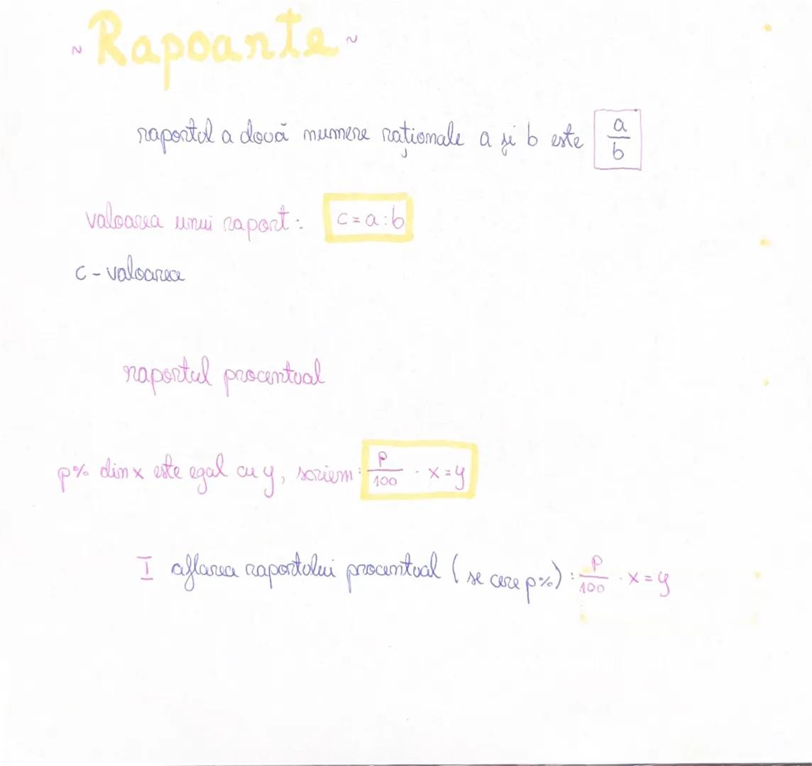 # ~Rapoarte~
raportul a două numere rationale a şi b este $\frac{a}{b}$
valoarea unui raport: c=a:b
c-valoarea
raportul procentual
p% d