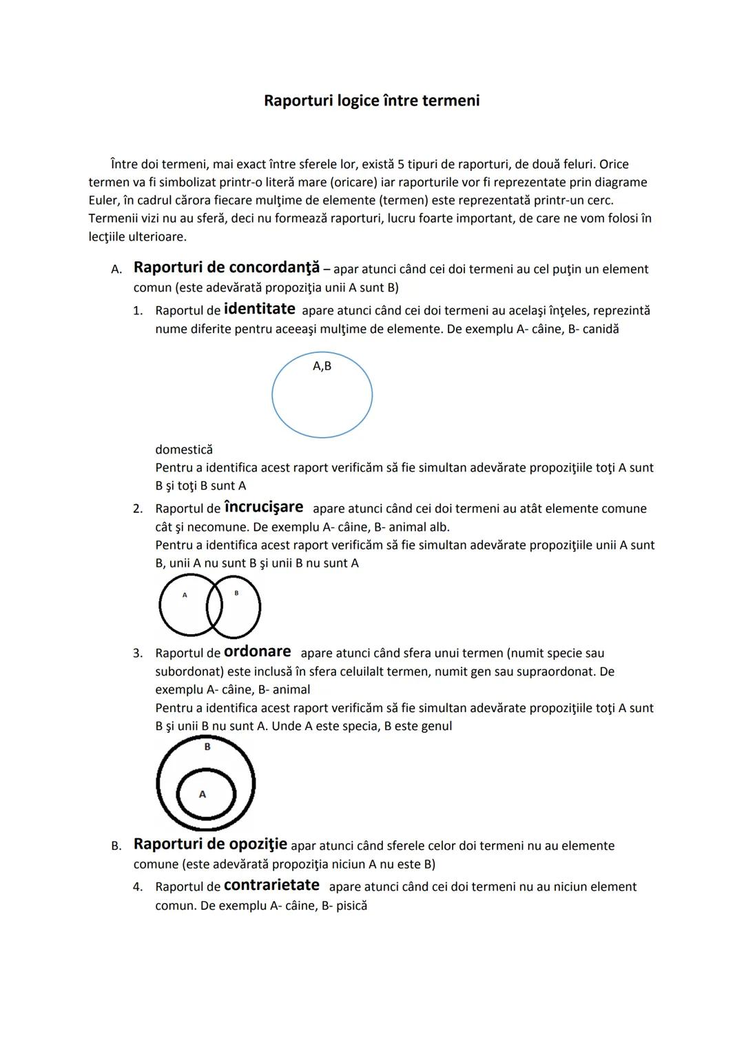 # Raporturi logice între termeni
Între doi termeni, mai exact între sferele lor, există 5 tipuri de raporturi, de două feluri. Orice
termen