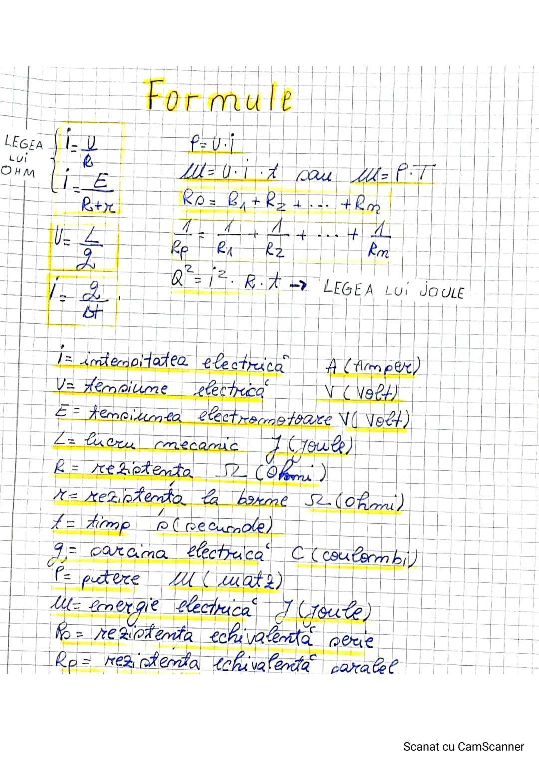 # Formule
LEGEA
LUI
OHM
$\begin{cases} i = \frac{U}{R} \\ i = \frac{E}{R+x} \end{cases}$
$U = \frac{L}{q}$
$i = \frac{q}{δt}$
$P = U \cd