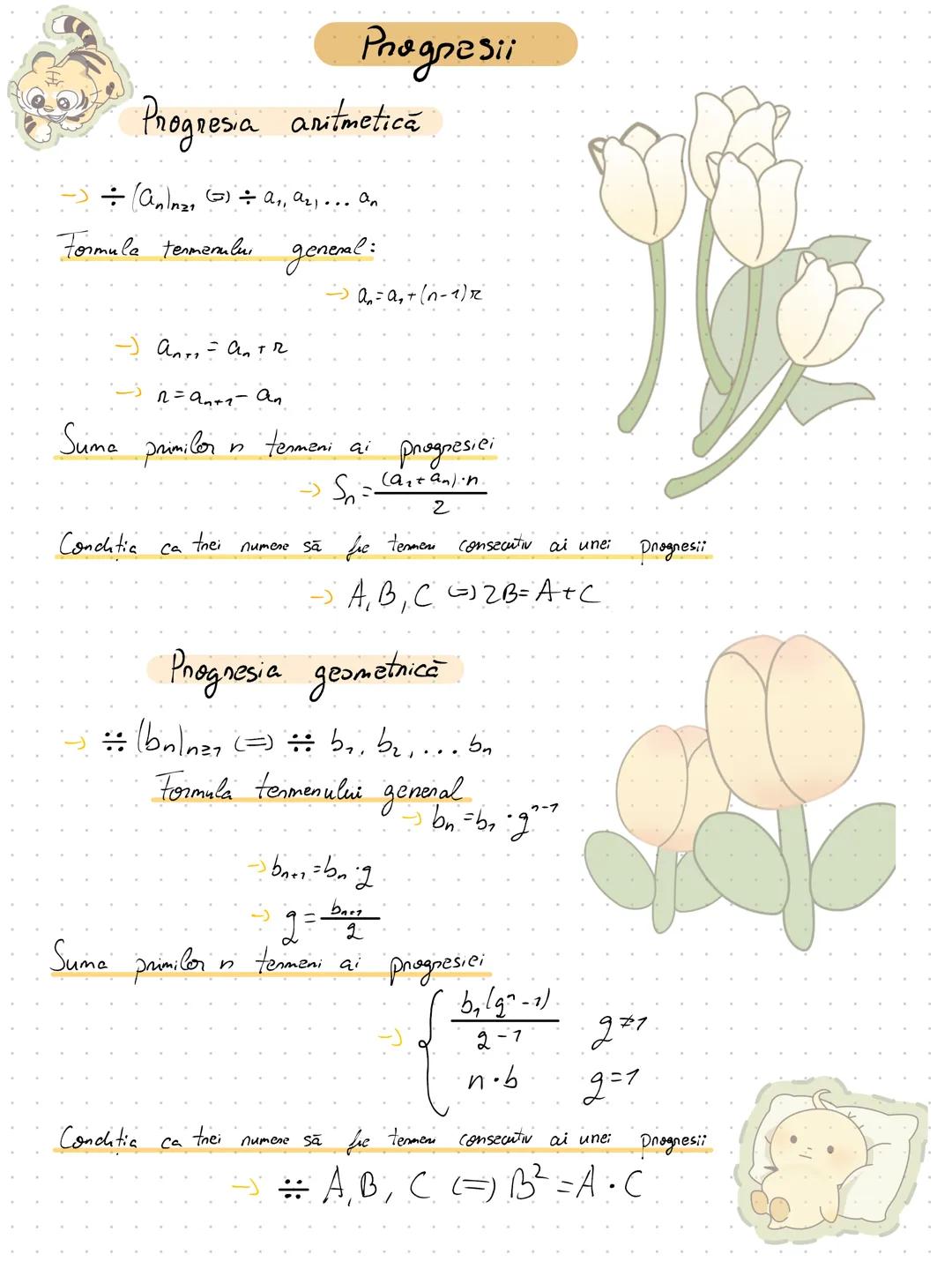# Progresii
Progresia aritmetică
→$(a_n)_{n≥1} (÷) a_1, a_2... a_n$
Formula termenului general:
→ $a_n = a_1 + (n-1)r$
→ $a_{n+1} = a_n