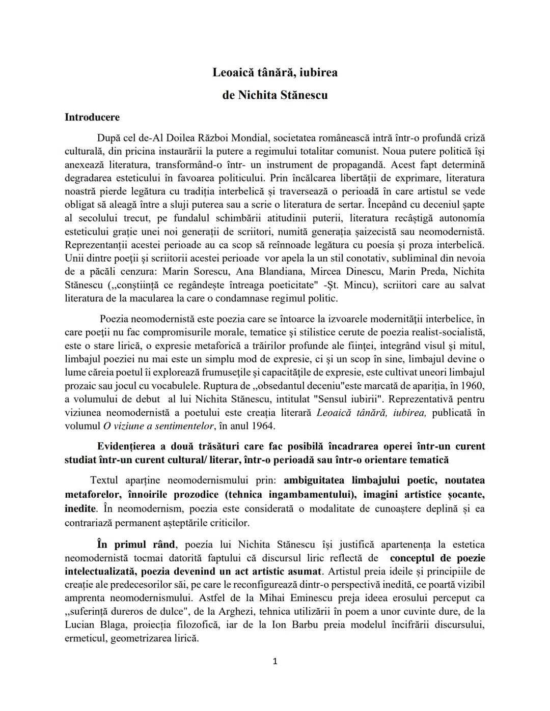 # Leoaică tânără, iubirea
de Nichita Stănescu
Introducere
După cel de-Al Doilea Război Mondial, societatea românească intră într-o profun