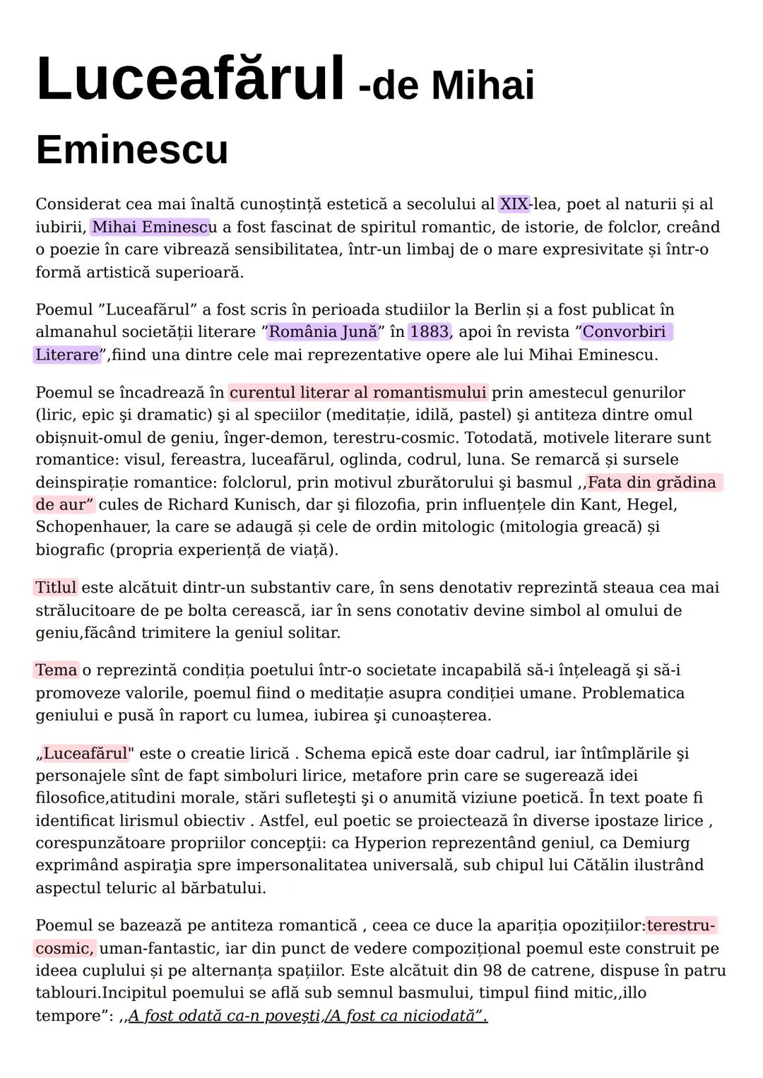 # Luceafărul -de Mihai
Eminescu
Considerat cea mai înaltă cunoștință estetică a secolului al XIX-lea, poet al naturii și al
iubirii, Mihai E
