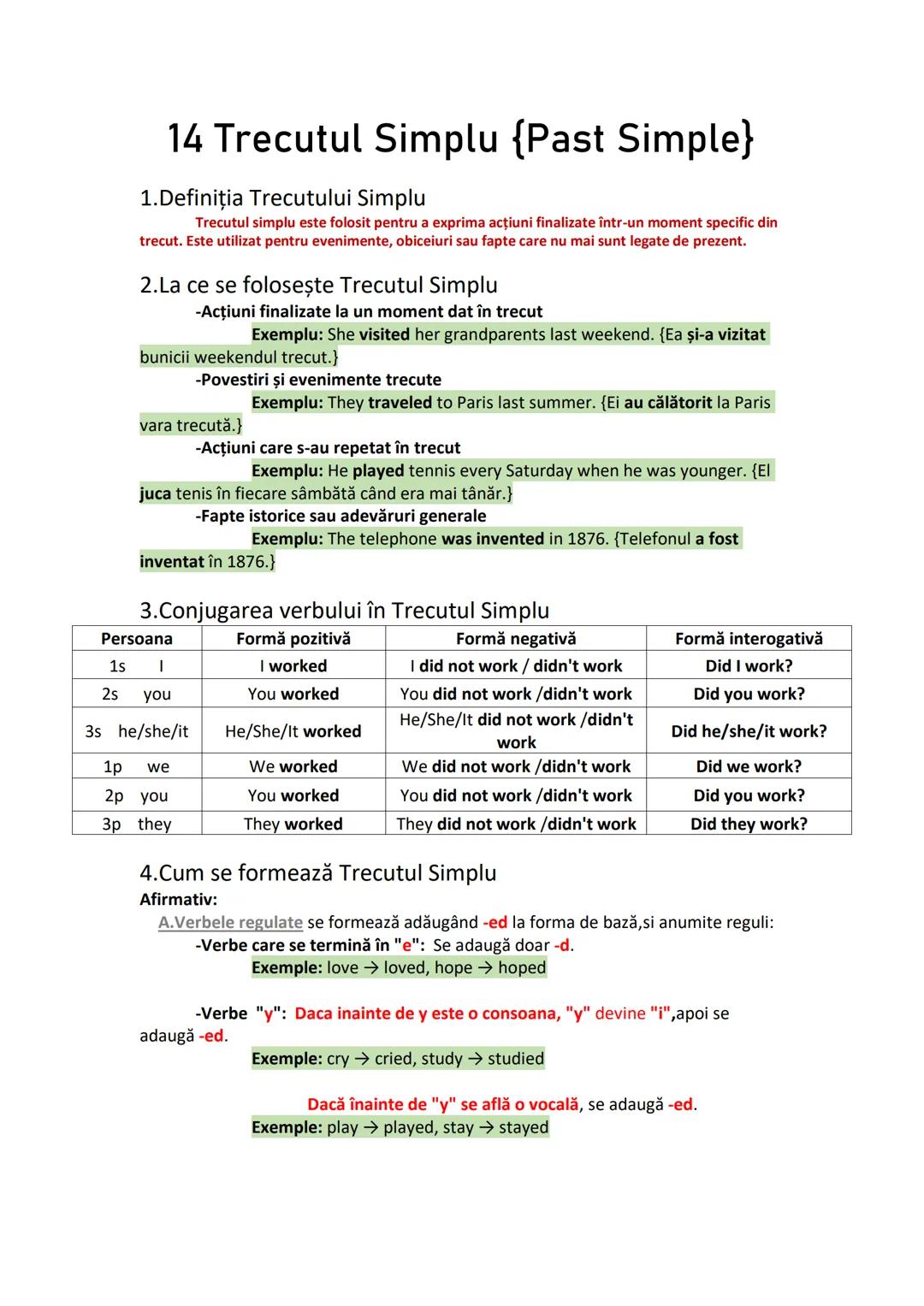# 14 Trecutul Simplu {Past Simple}
1. Definiția Trecutului Simplu
Trecutul simplu este folosit pentru a exprima acțiuni finalizate într-un