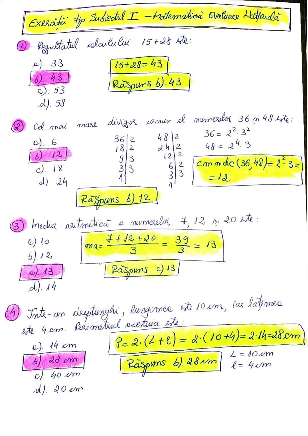 Evaluare națională matematica clasa 8 Subiectul I